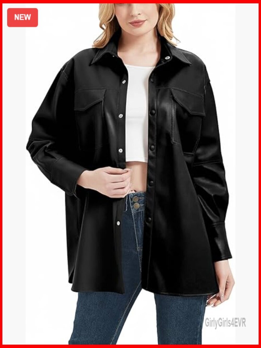 Faux Leather Shacket Loose Fit Lapel Button Down Long Sleeve Jacket
